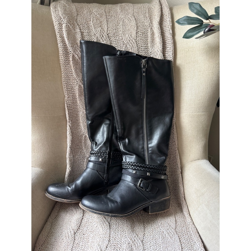 Kohls Black Faux Leather Tall Riding Boots Harness Buckle Studded Size 10WC